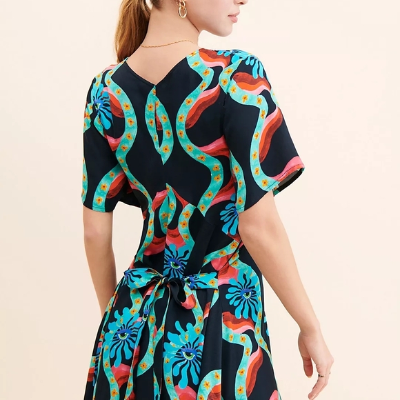 V-Neck Black Mini Dress with Turquoise & Coral Wave Print - Picture 3 of 14